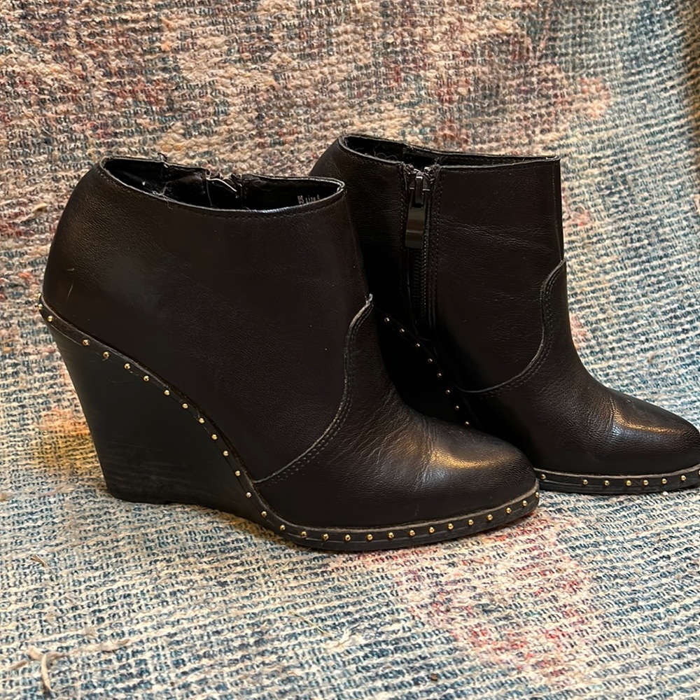 Black Studded Leather Wedge Ankle Boot Size 6